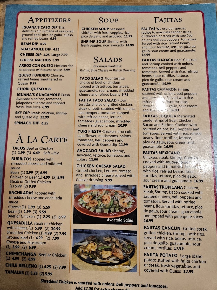 Iguanas Mexican Grill menu board