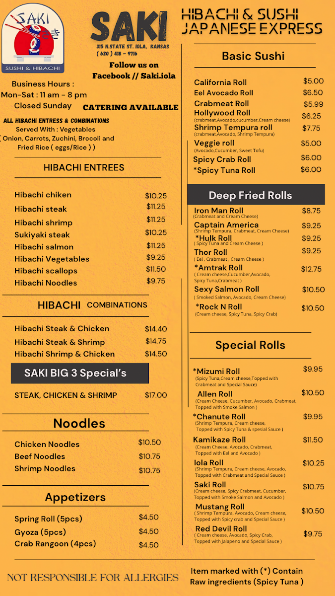 Saki Sushi & Hibachi menu board
