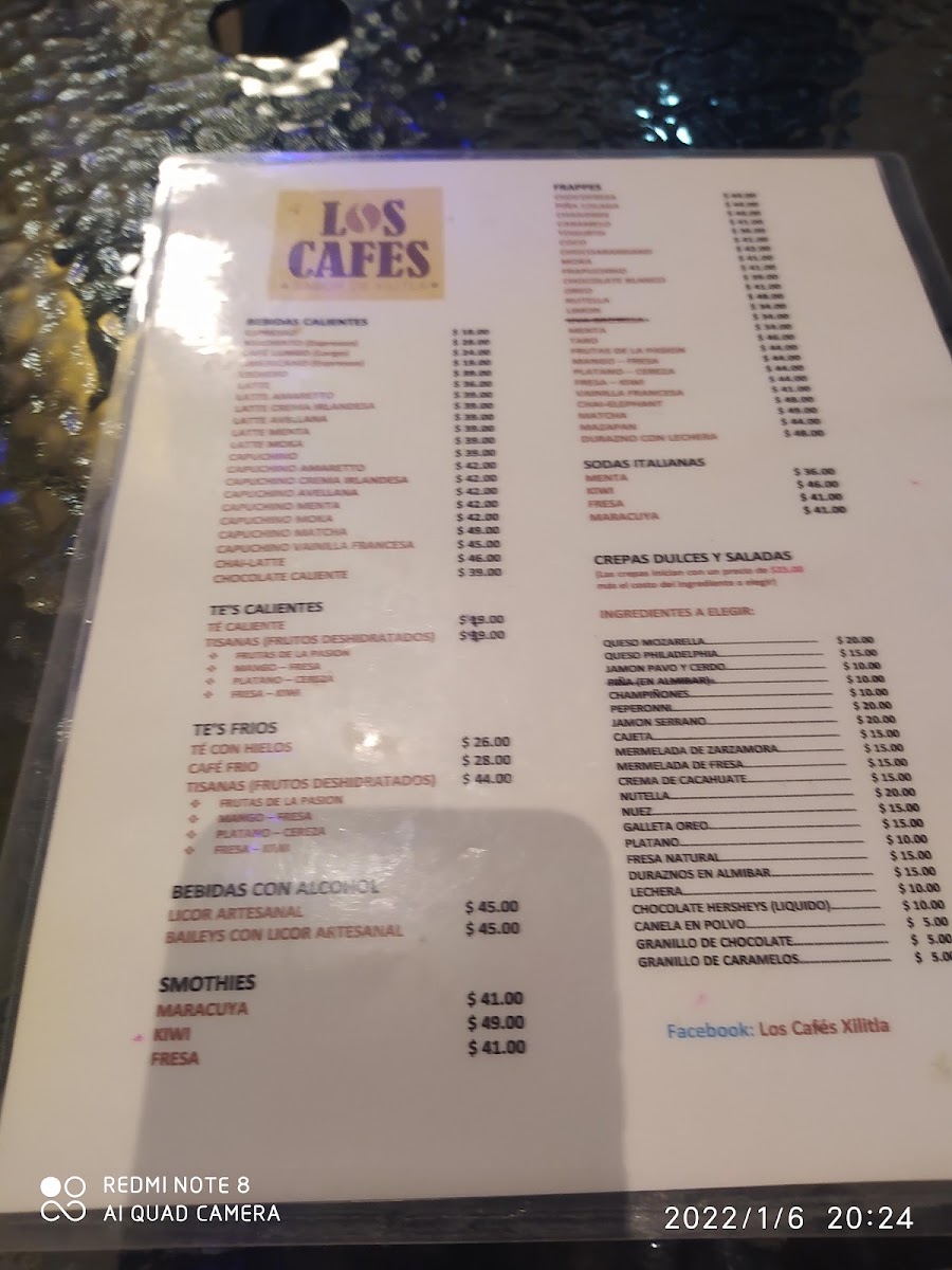 Los Cafés Xilitla menu board