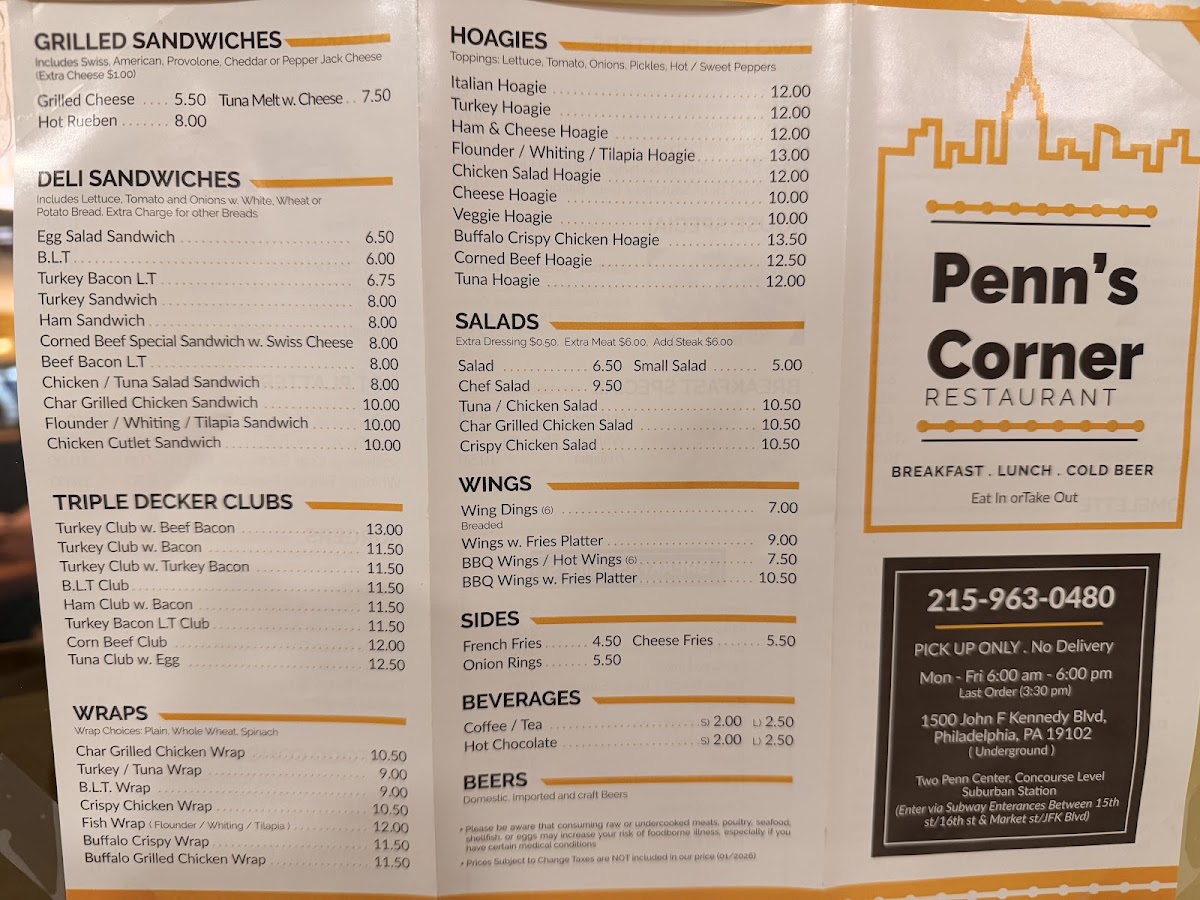 Penn's Corner Restaurant menu board