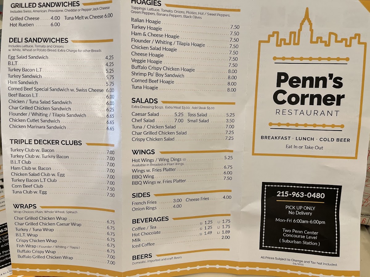 Penn's Corner Restaurant menu board