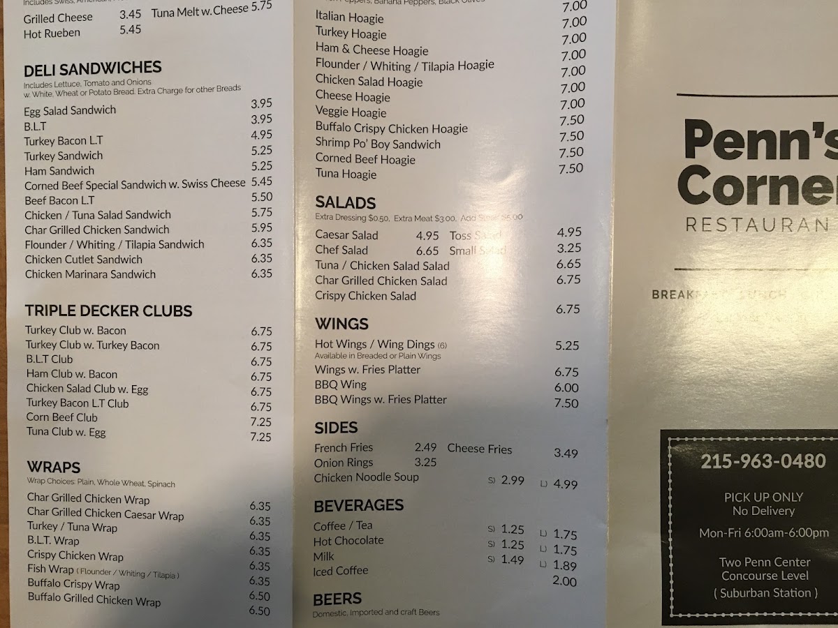 Penn's Corner Restaurant menu board