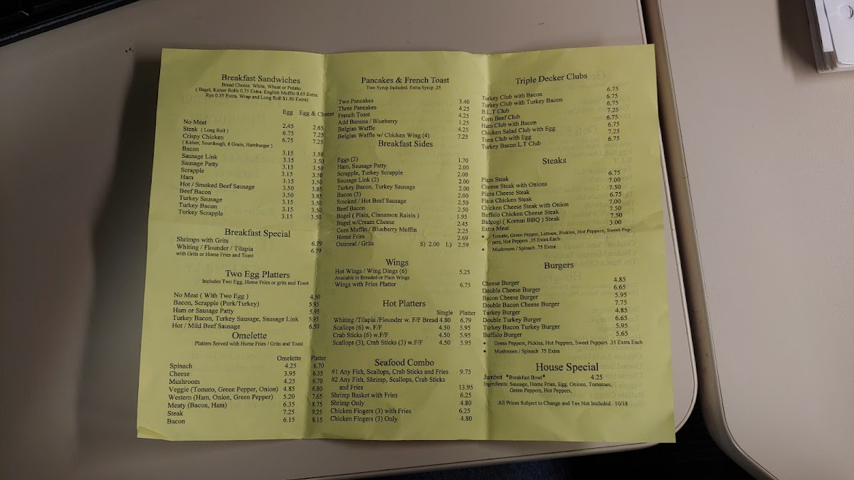 Penn's Corner Restaurant menu board