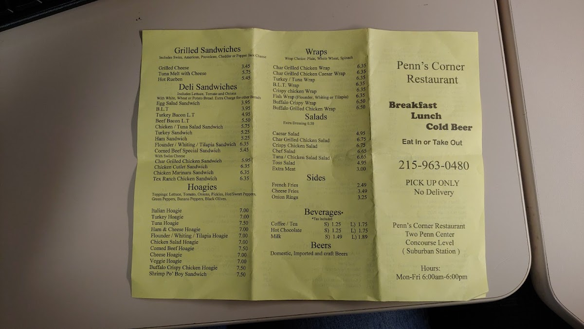 Penn's Corner Restaurant menu board