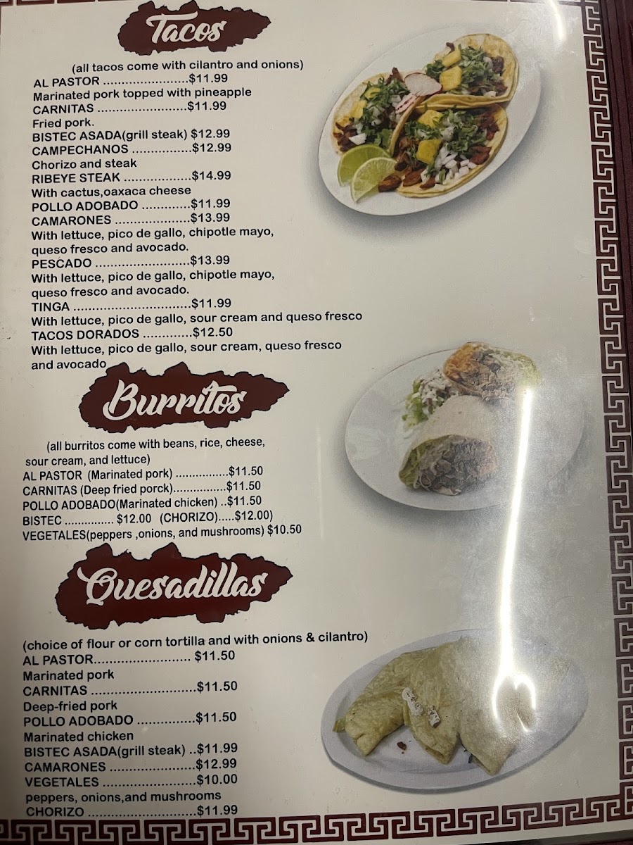 Tamalli Mexican Restaurant menu board