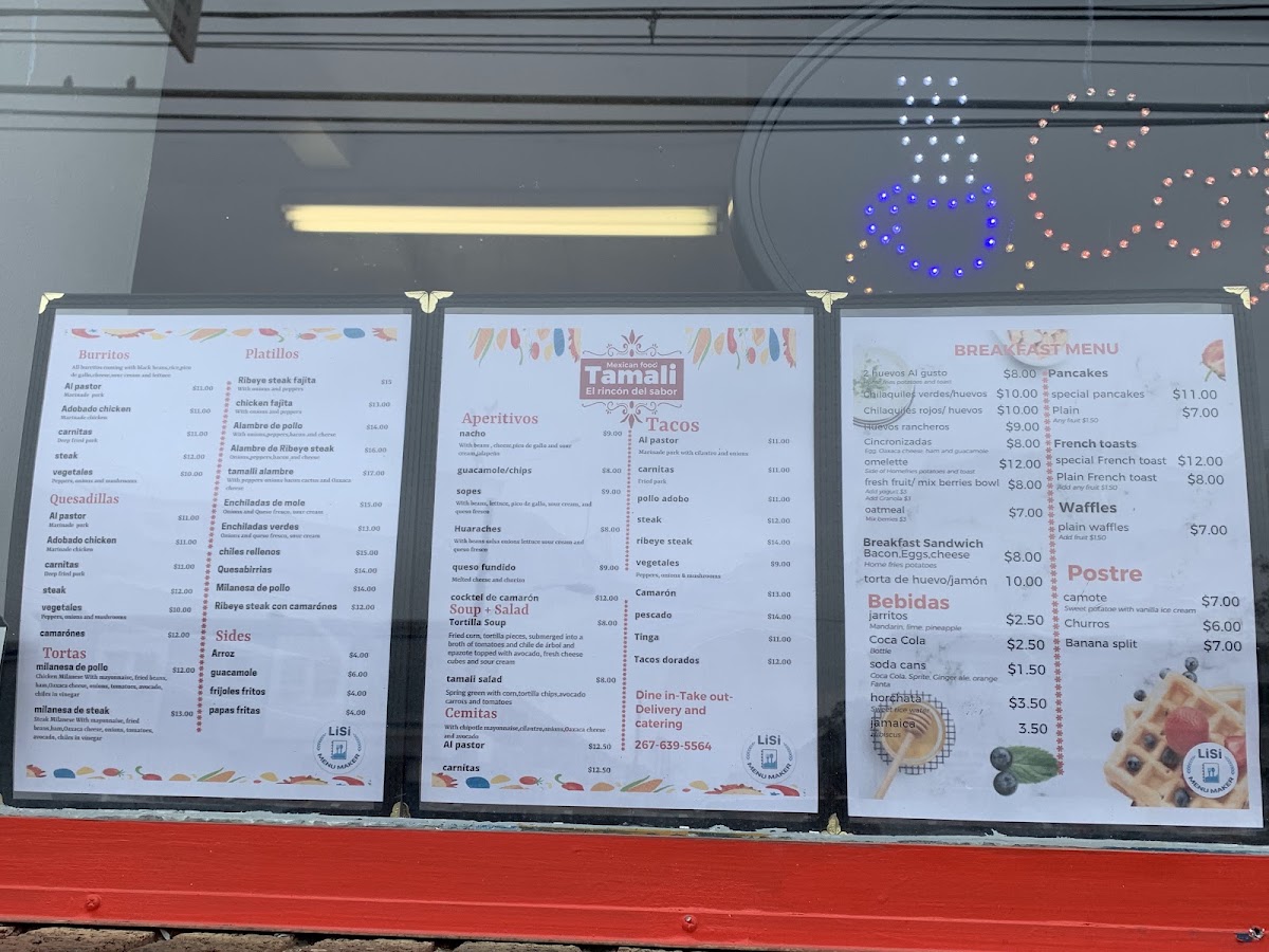 Tamalli Mexican Restaurant menu board