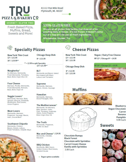 Tru Pizza Co Plymouth menu board