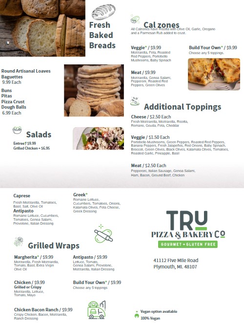Tru Pizza Co Plymouth menu board