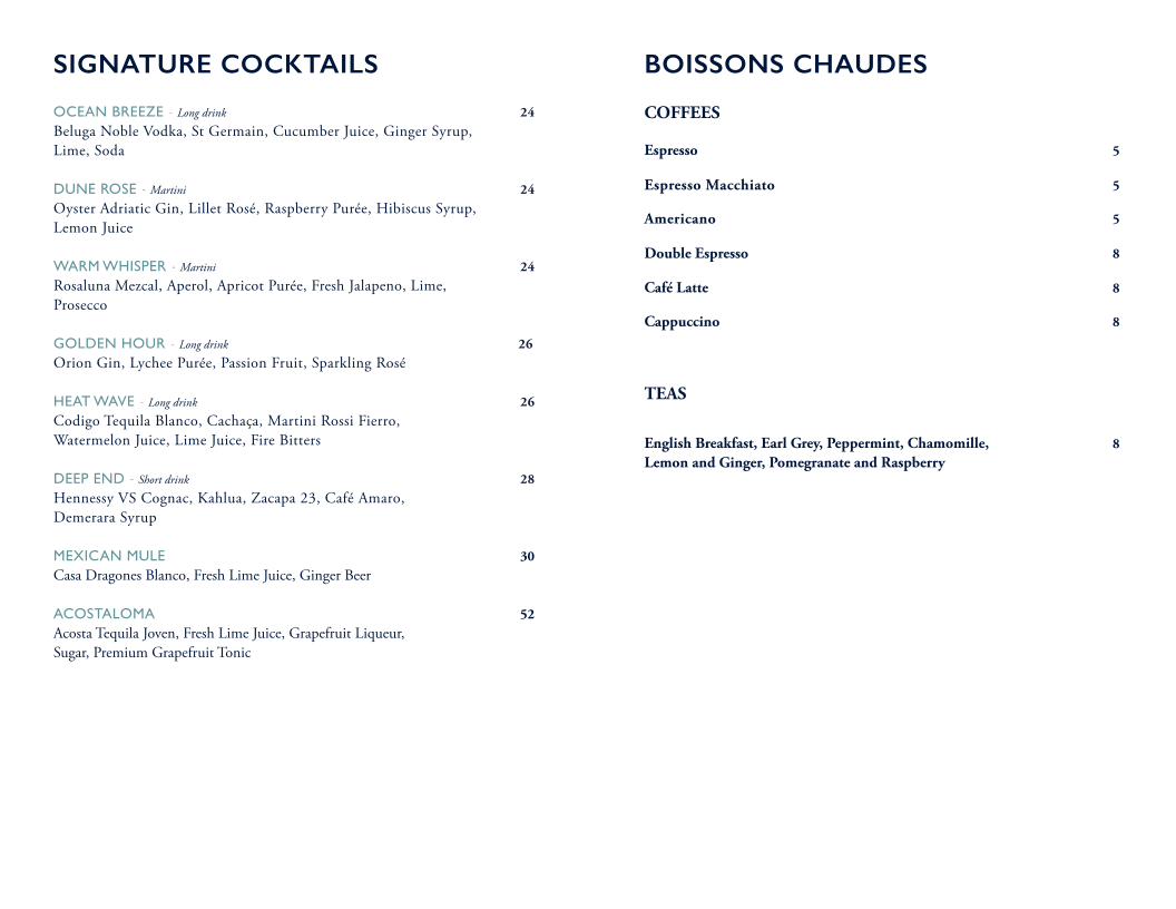 Bagatelle Montauk menu board