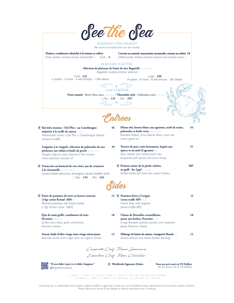Bagatelle Montauk menu board