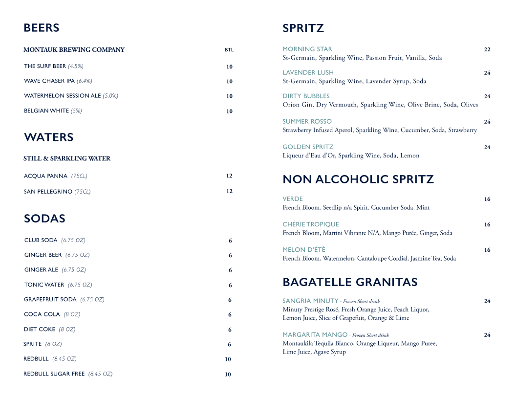 Bagatelle Montauk menu board