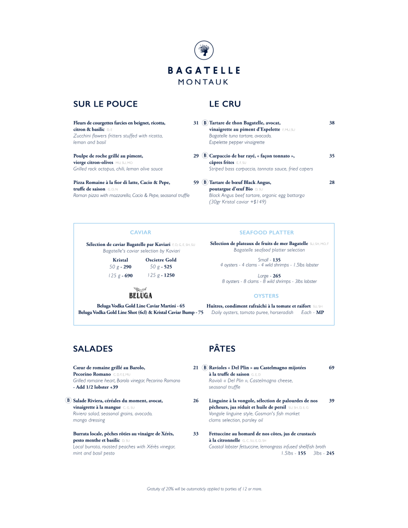 Bagatelle Montauk menu board