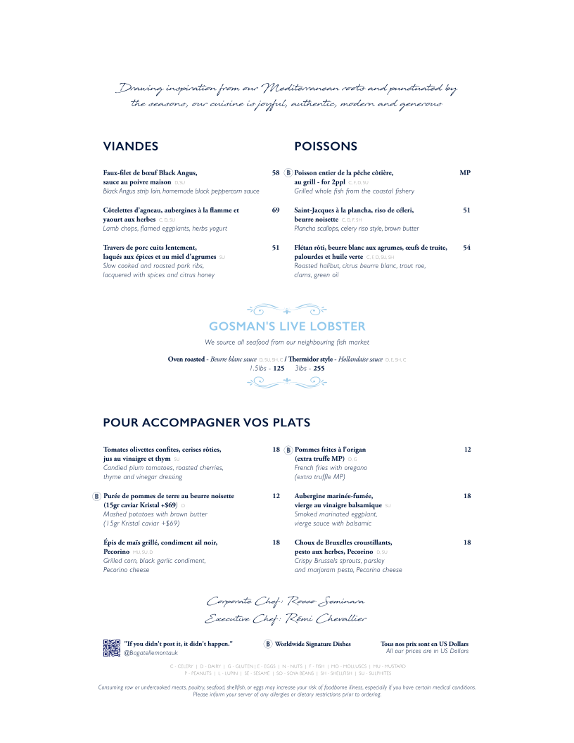 Bagatelle Montauk menu board
