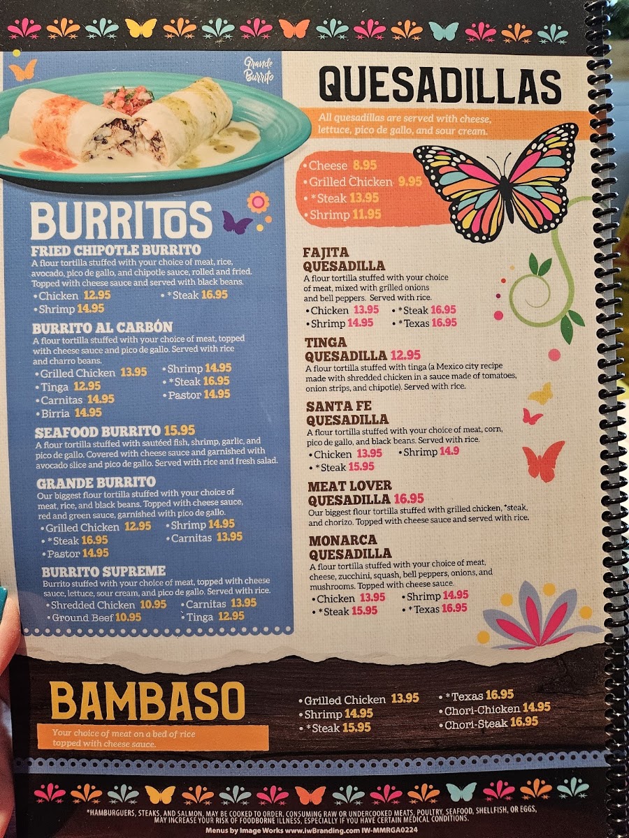 Monarca Mexican Restaurant menu board