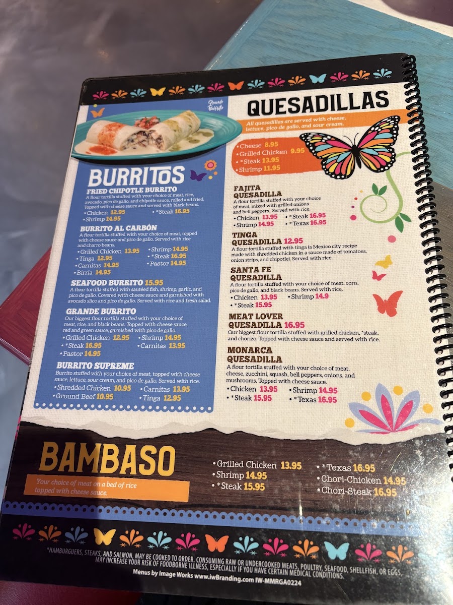 Monarca Mexican Restaurant menu board