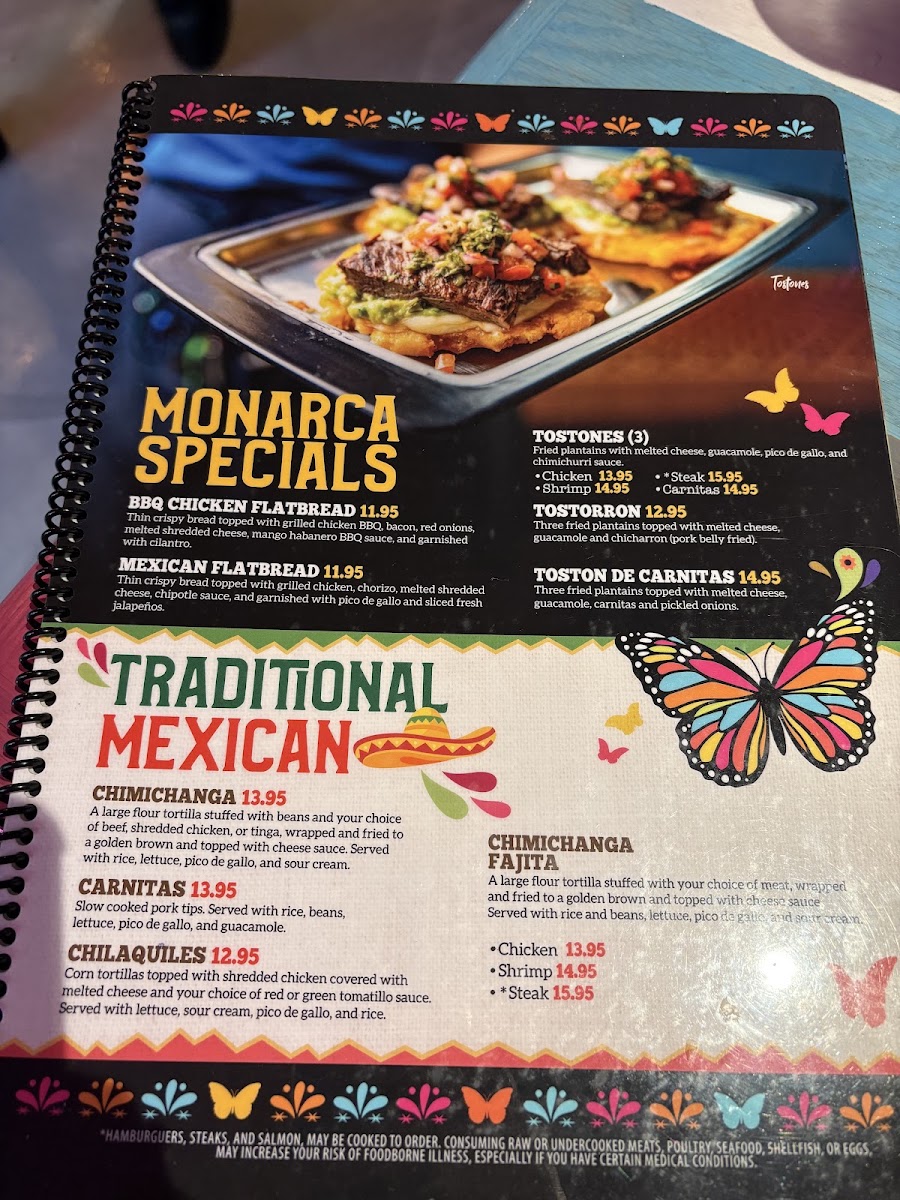 Monarca Mexican Restaurant menu board