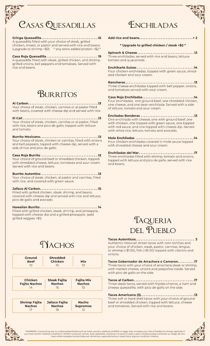 Casa Roja Mexican Grill menu board