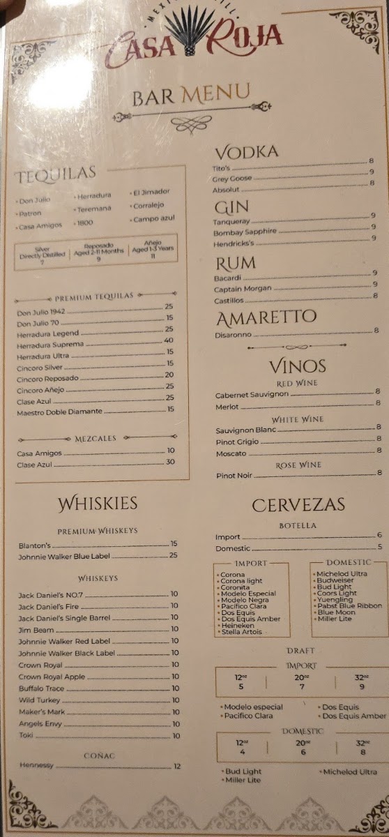 Casa Roja Mexican Grill menu board