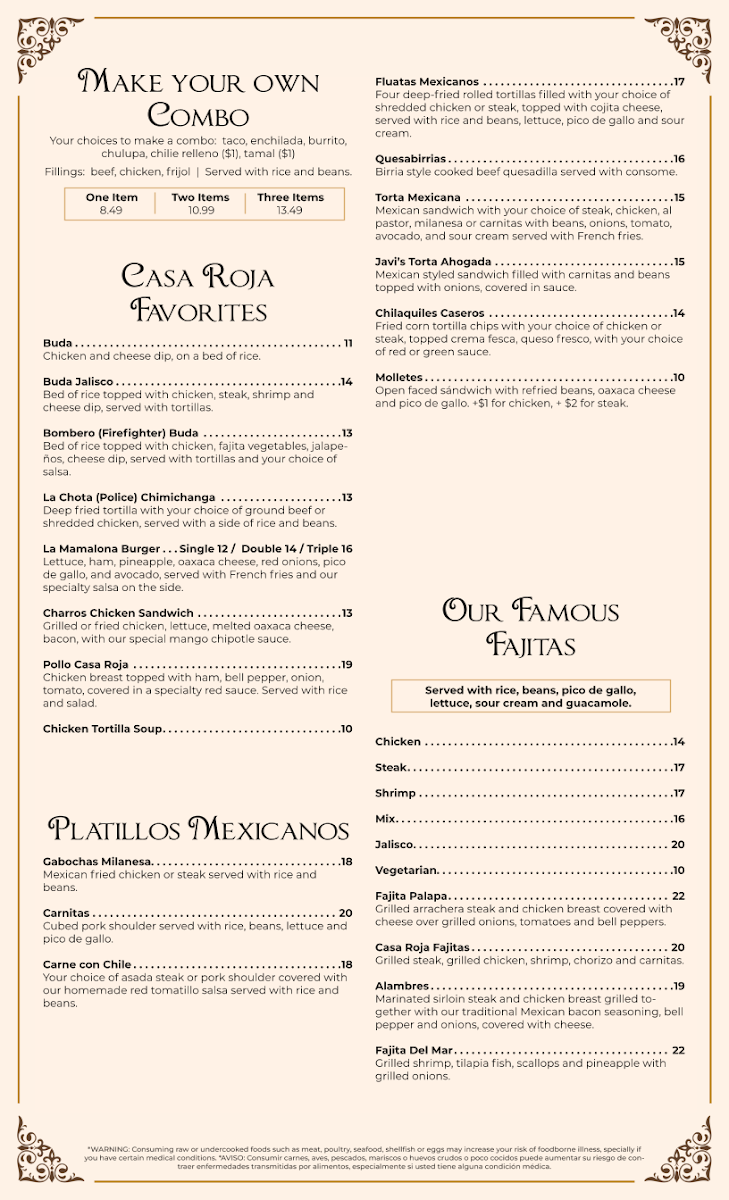 Casa Roja Mexican Grill menu board