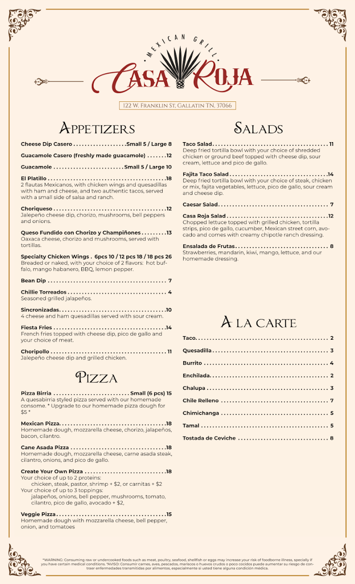 Casa Roja Mexican Grill menu board
