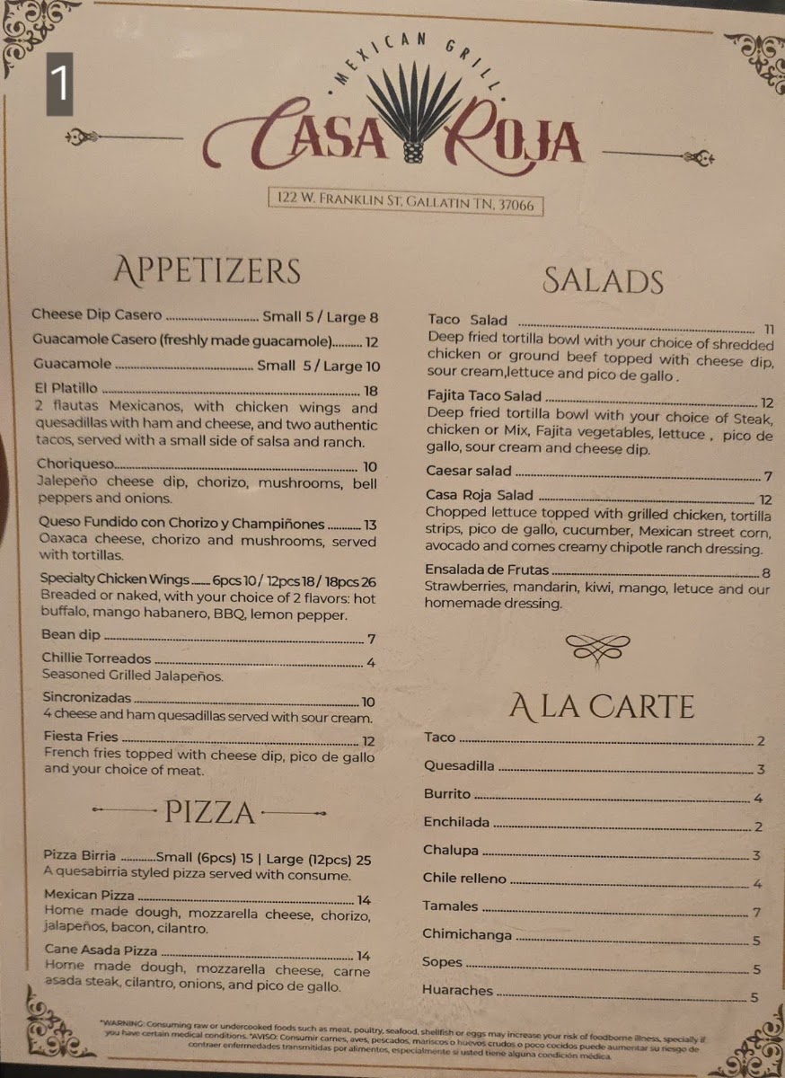 Casa Roja Mexican Grill menu board