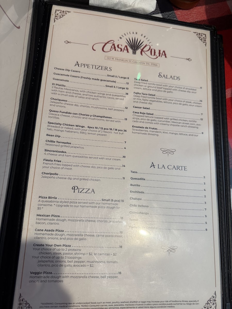Casa Roja Mexican Grill menu board