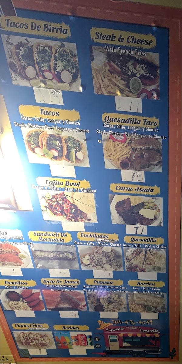 Pupuseria y Taqueria Esmeralda menu board