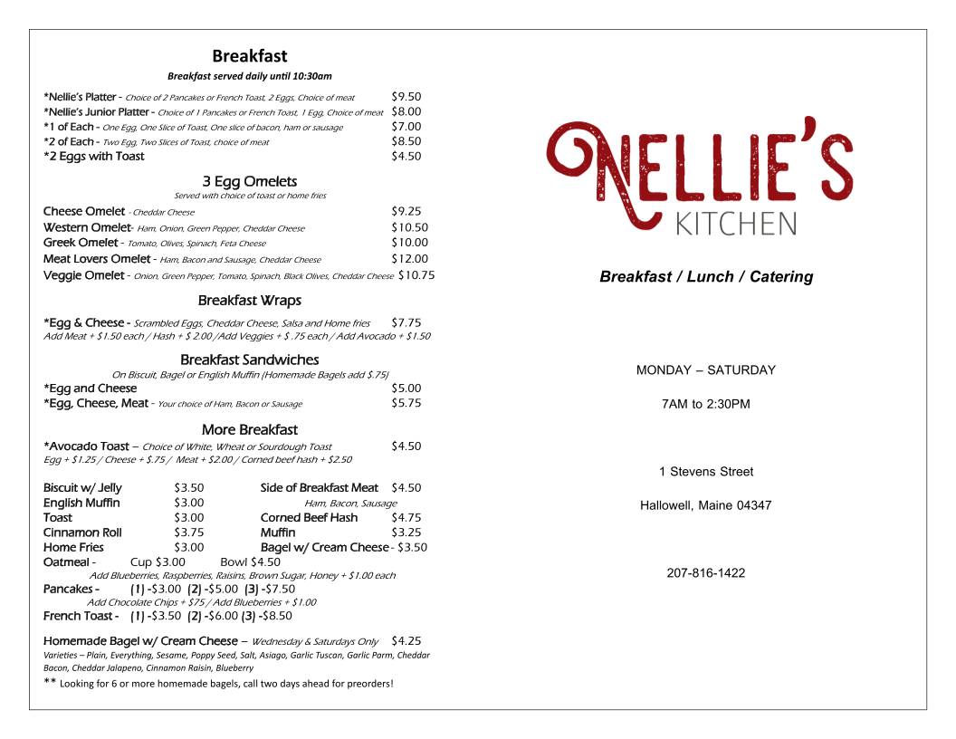 Nellie's Kitchen menu board