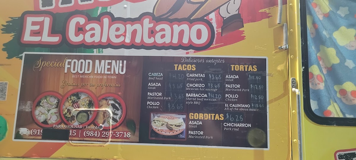 Tacos El Calentano menu board