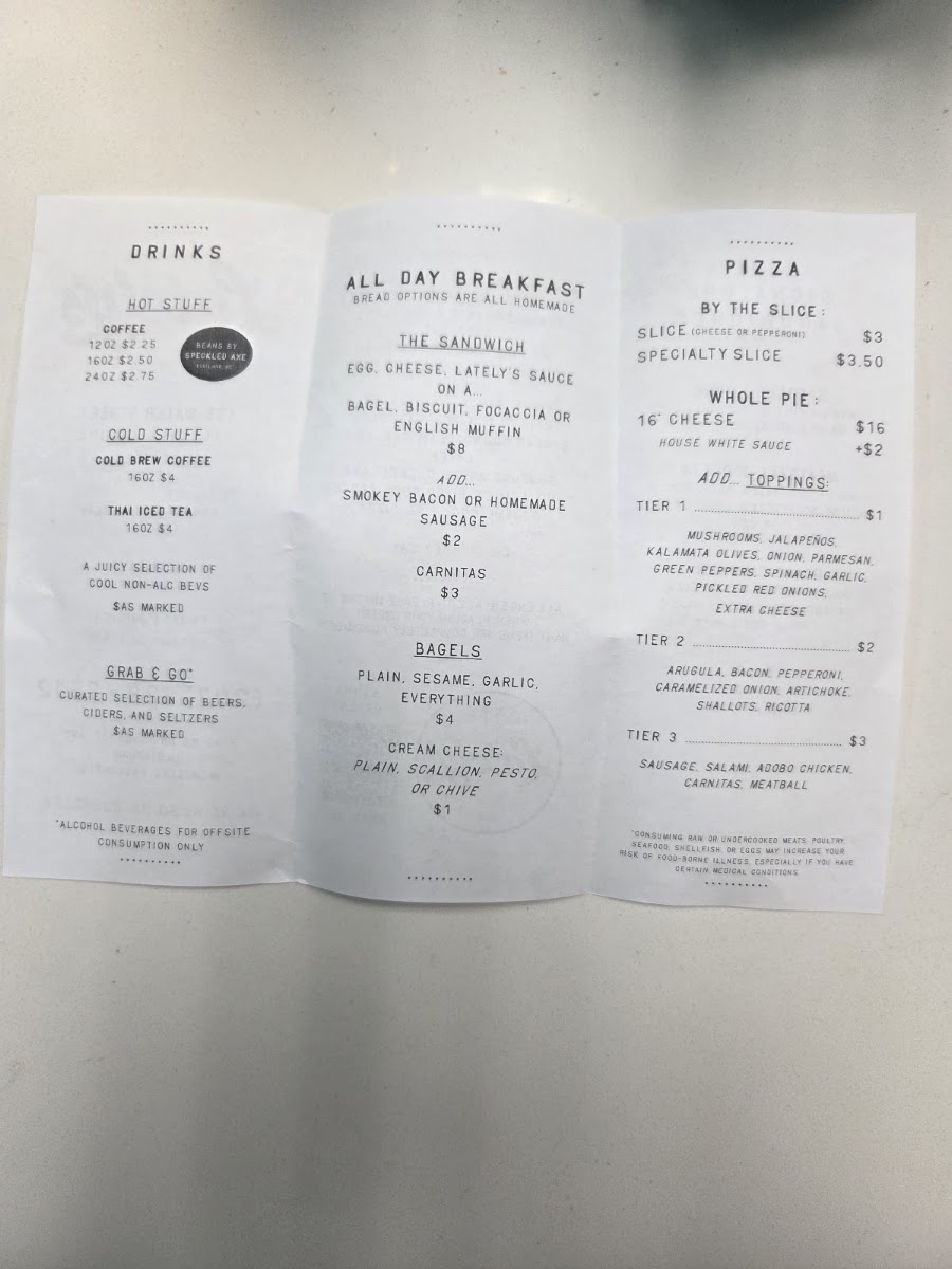 Lately's menu board