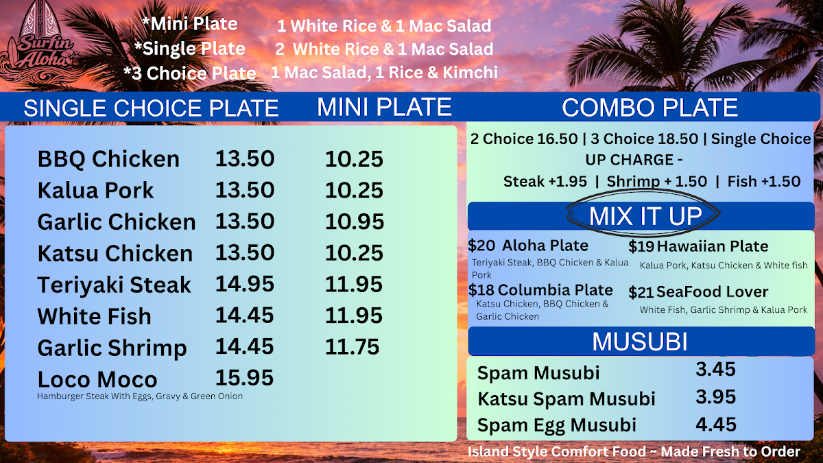 Surfin Aloha : Hawaiian Style Food menu board