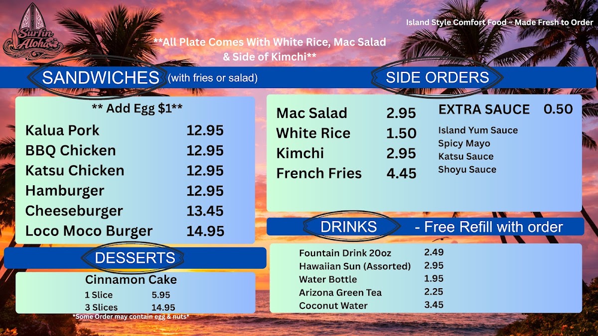 Surfin Aloha : Hawaiian Style Food menu board