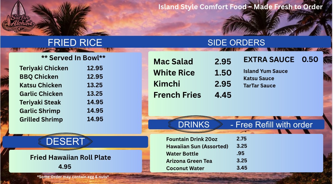 Surfin Aloha : Hawaiian Style Food menu board