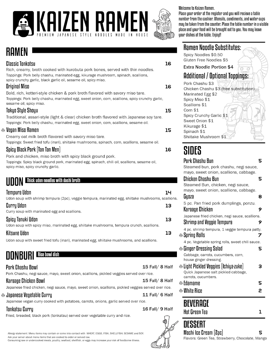 Kaizen Ramen menu board