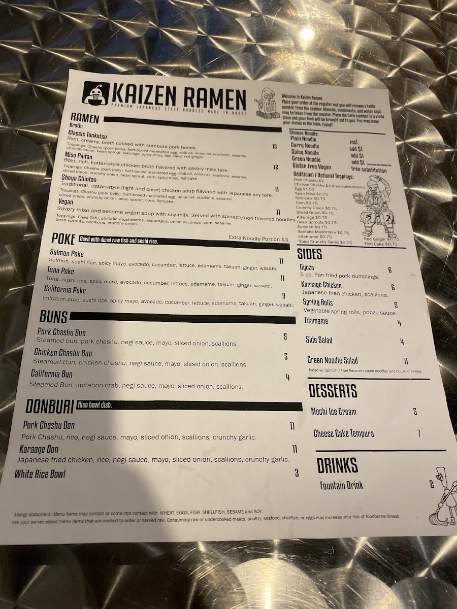 Kaizen Ramen menu board