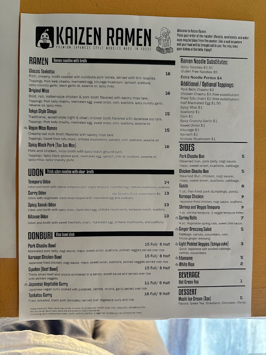 Kaizen Ramen menu board