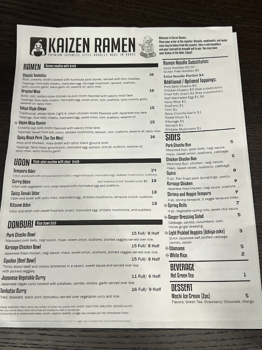 Kaizen Ramen menu board