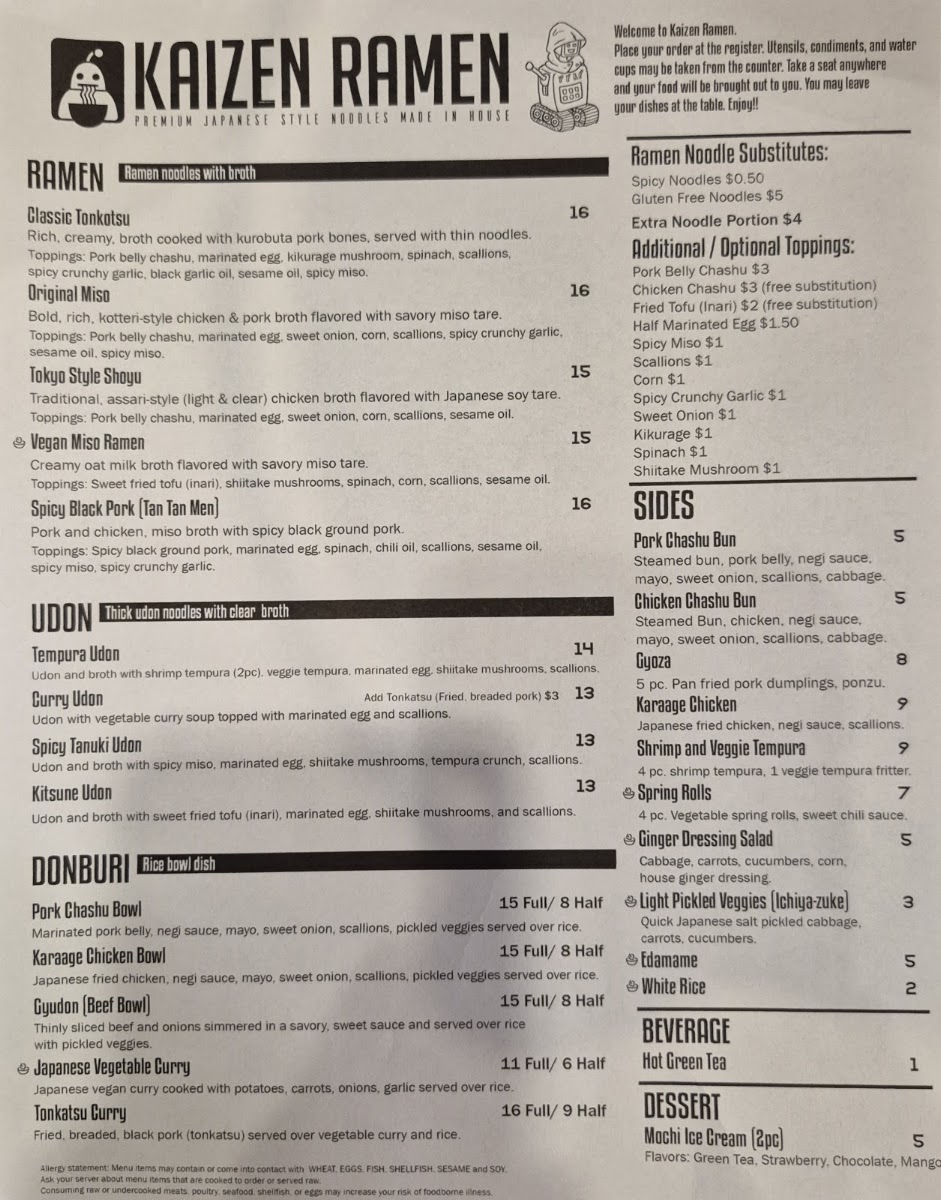 Kaizen Ramen menu board
