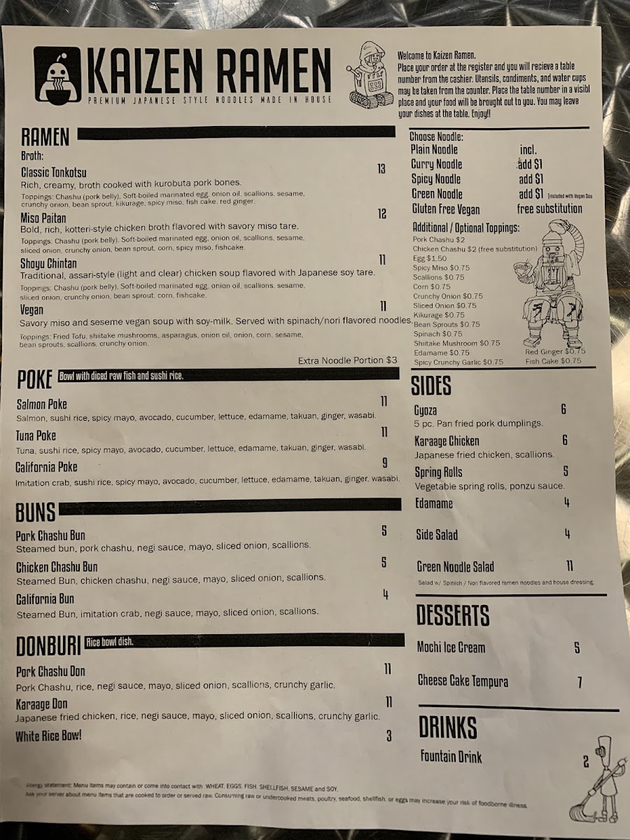 Kaizen Ramen menu board