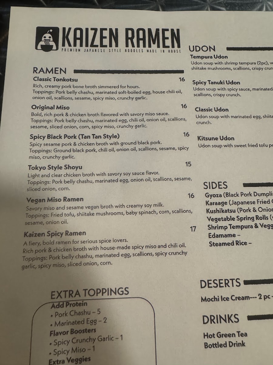 Kaizen Ramen menu board