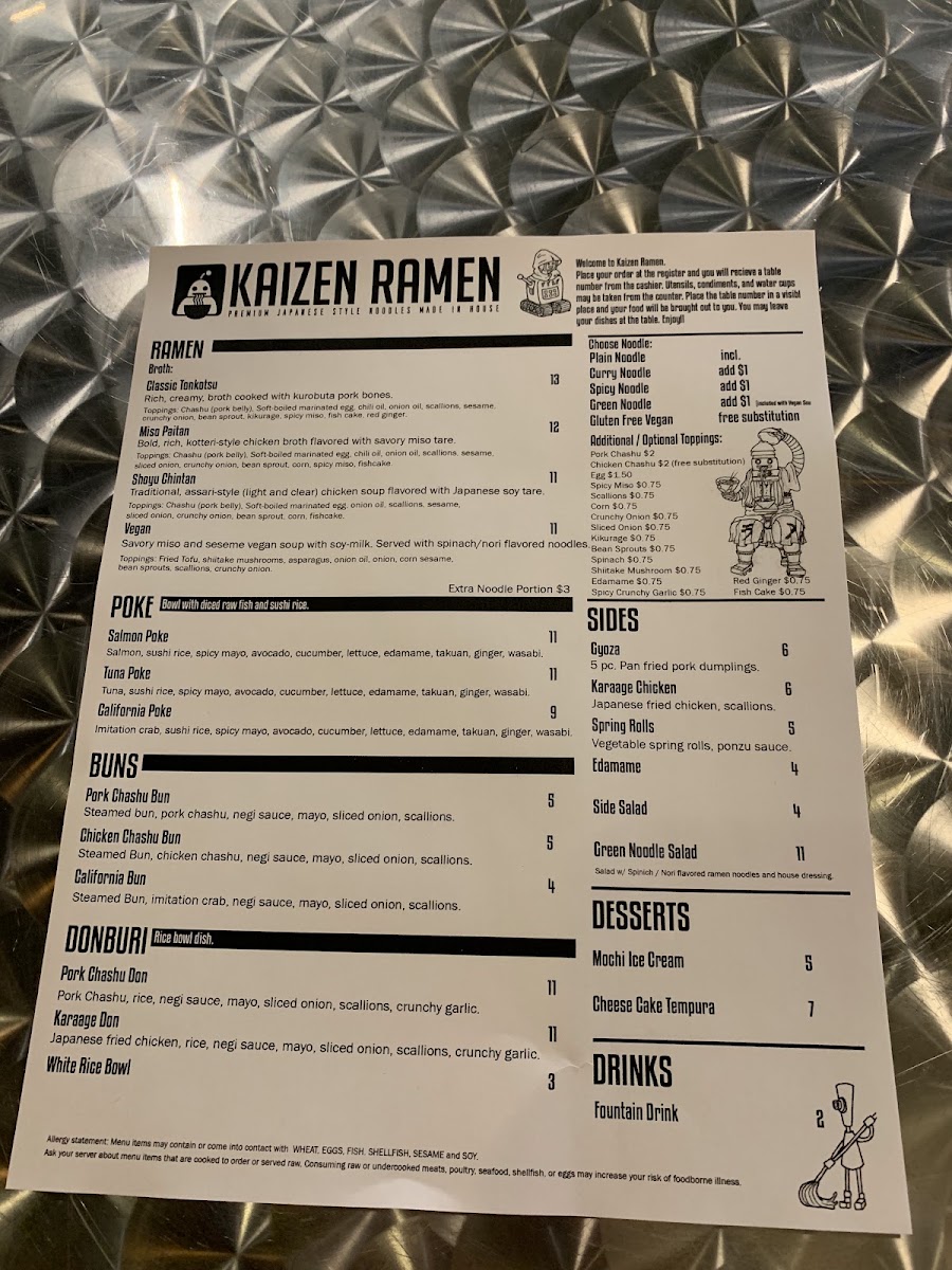 Kaizen Ramen menu board
