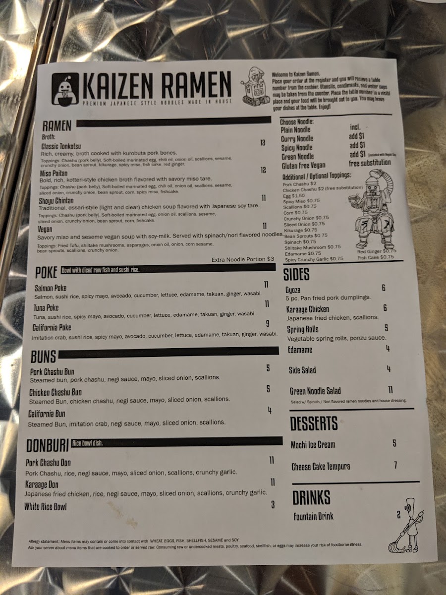 Kaizen Ramen menu board
