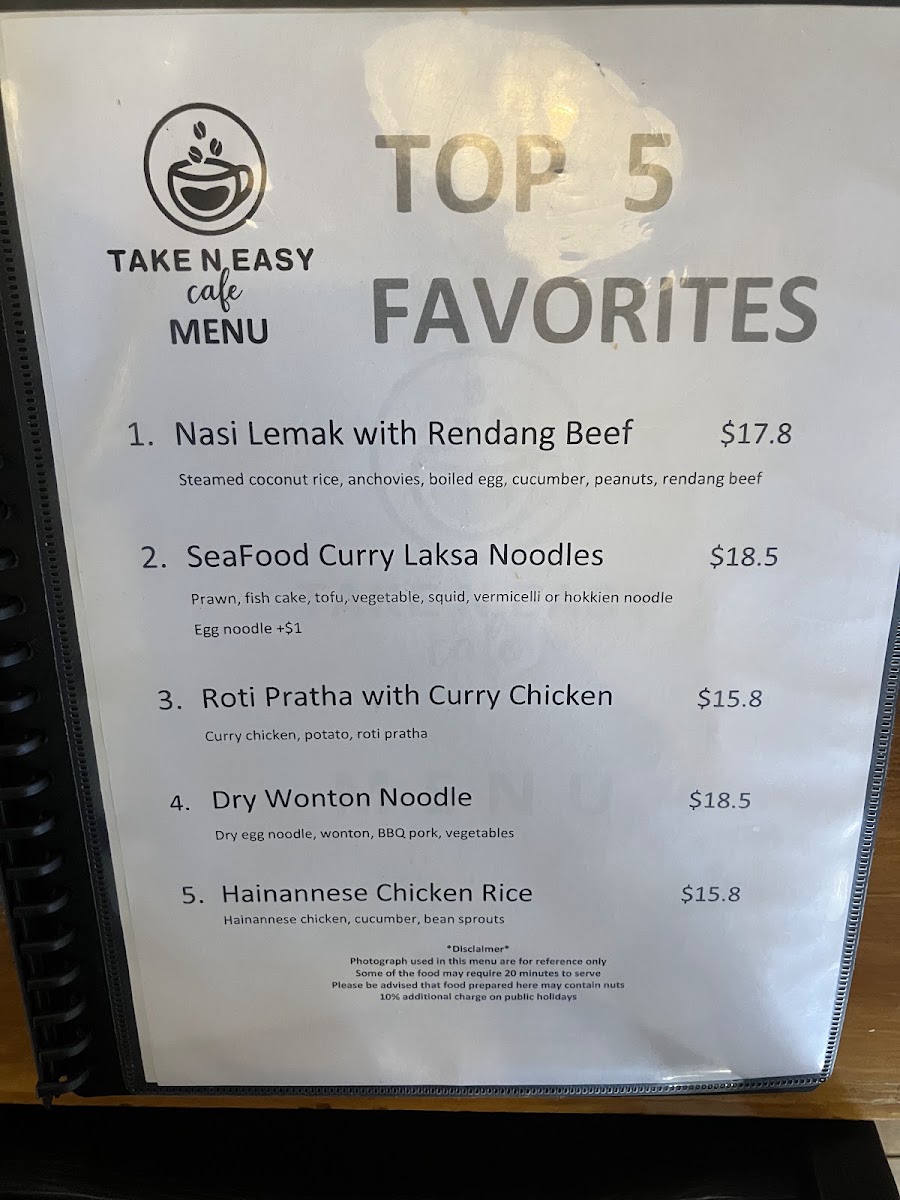 Take N Easy Cafe menu board