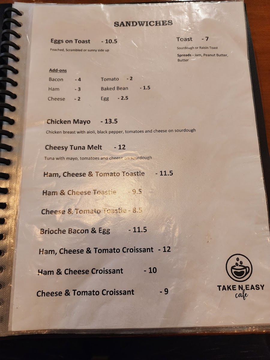 Take N Easy Cafe menu board