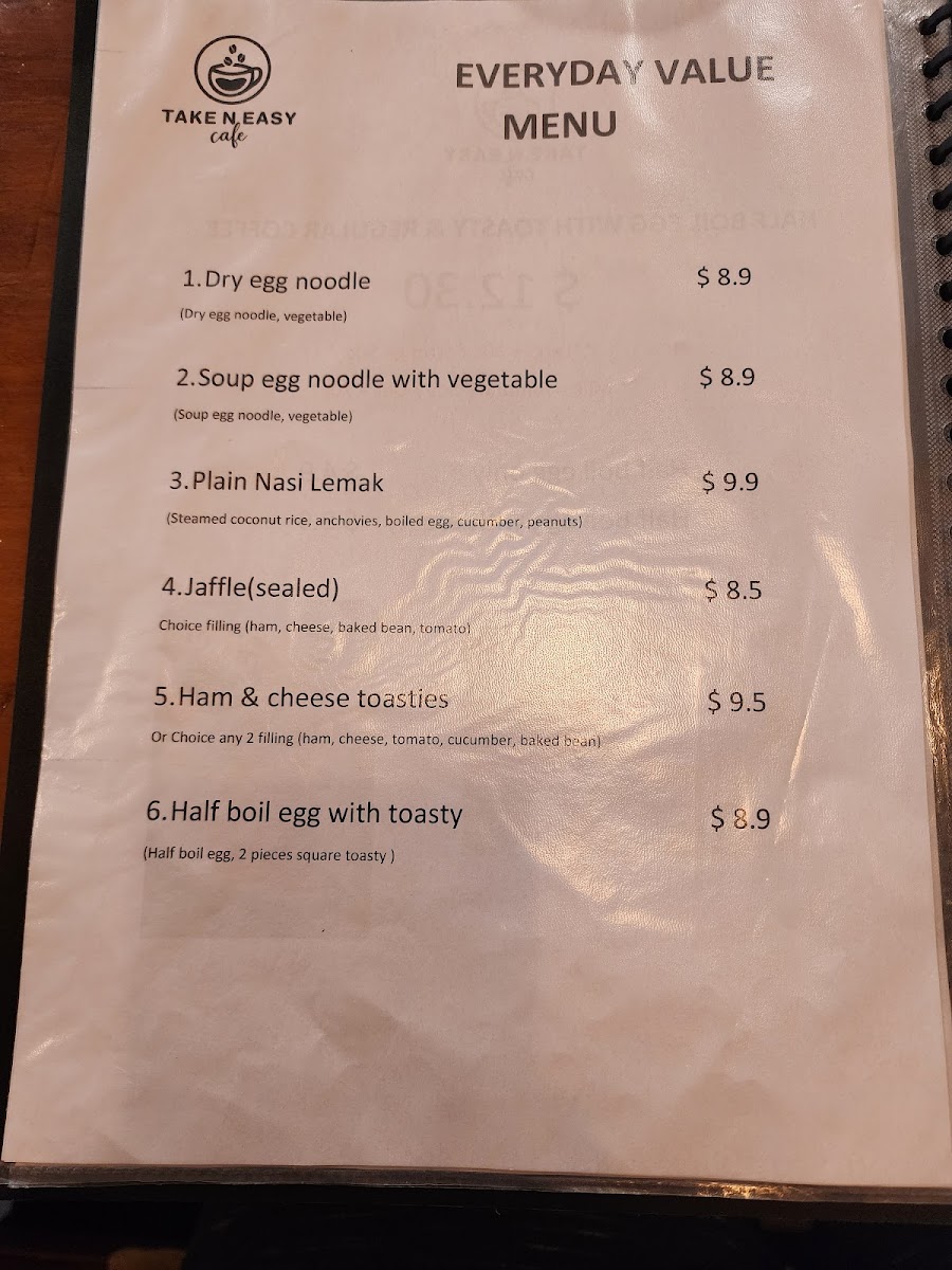 Take N Easy Cafe menu board