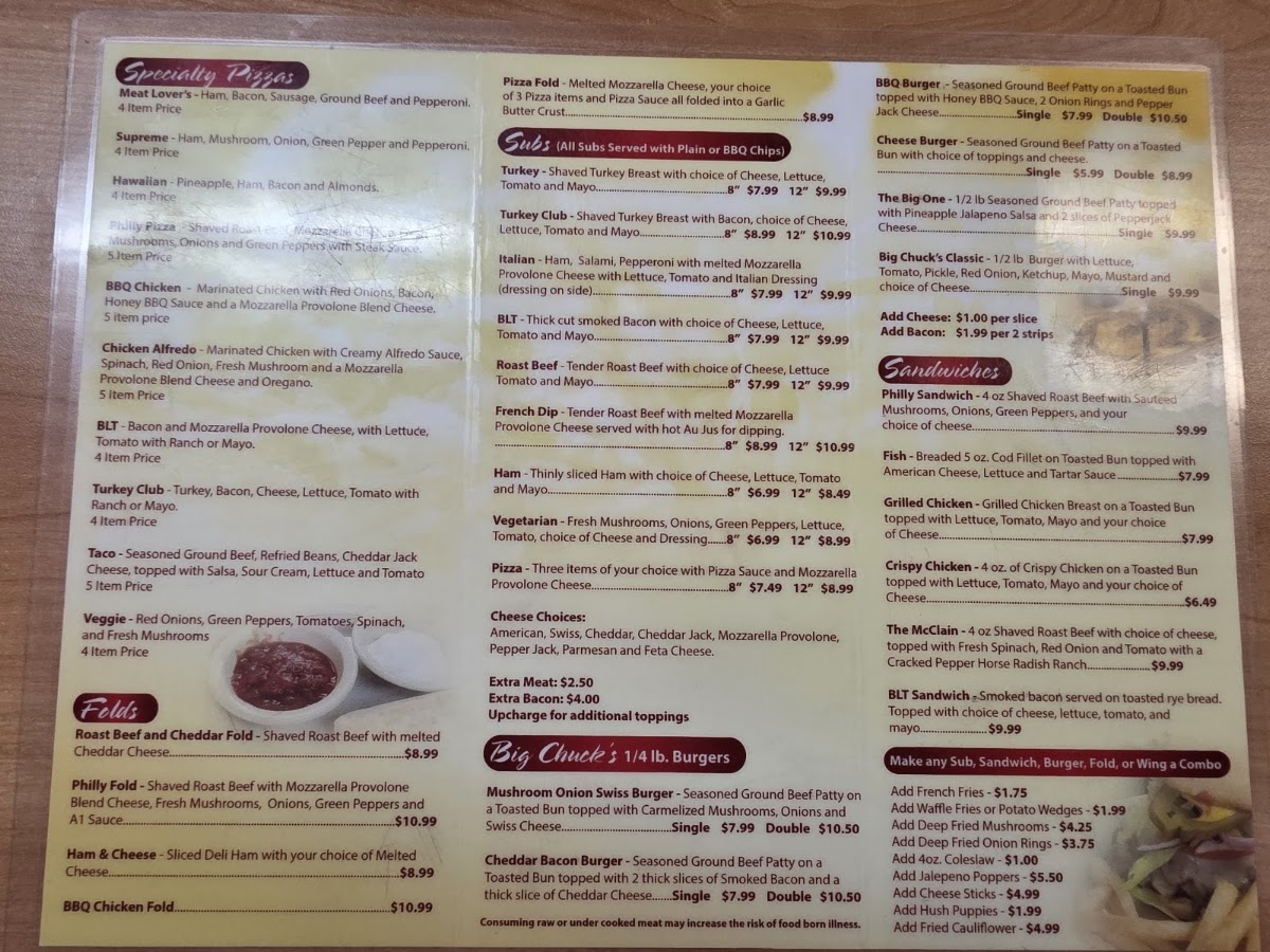 Big Chuck's Pizza Plus menu board