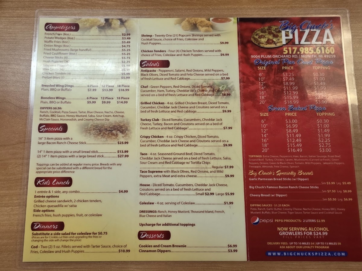 Big Chuck's Pizza Plus menu board