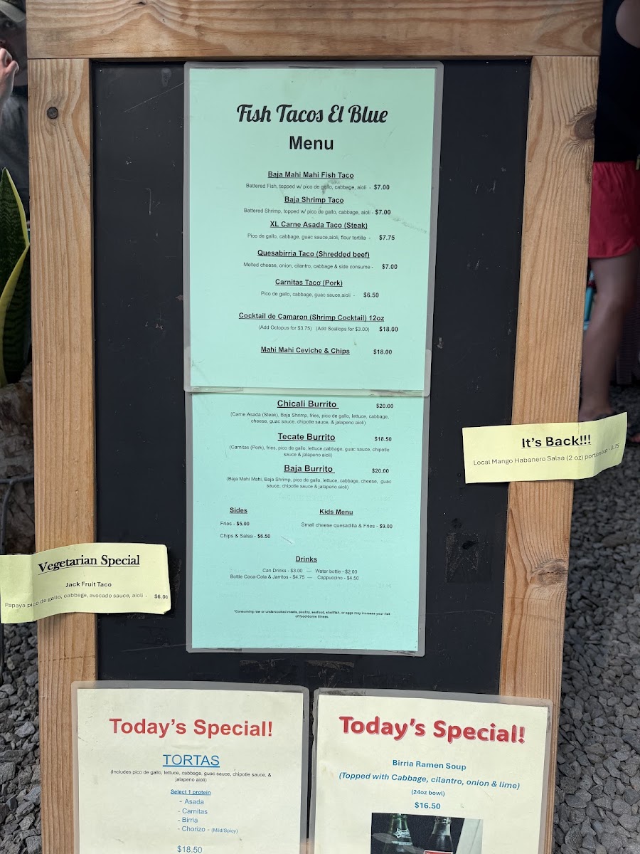 Fish Tacos El Blue menu board
