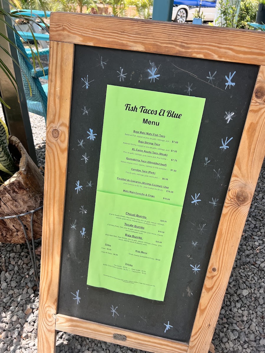 Fish Tacos El Blue menu board