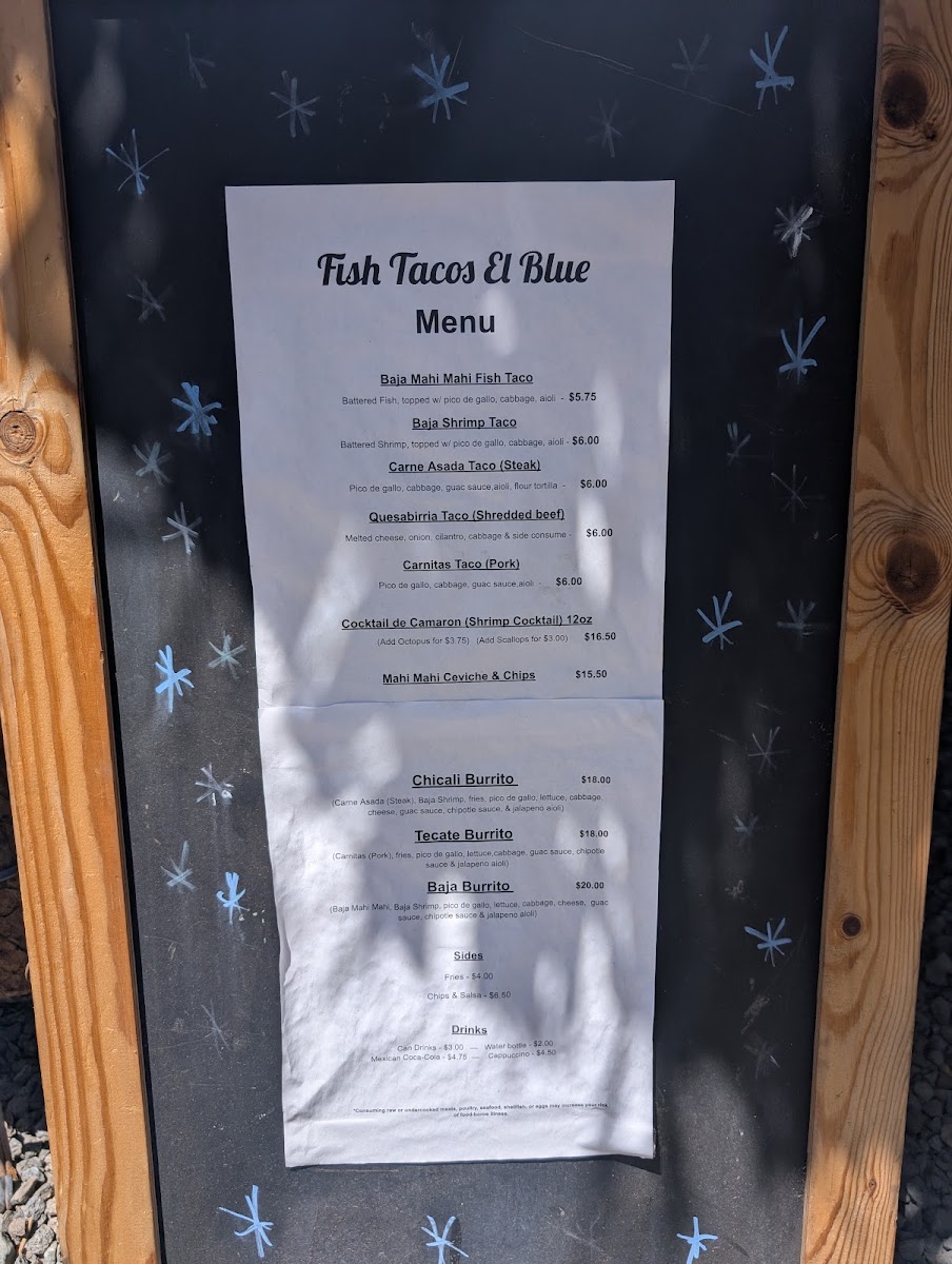Fish Tacos El Blue menu board